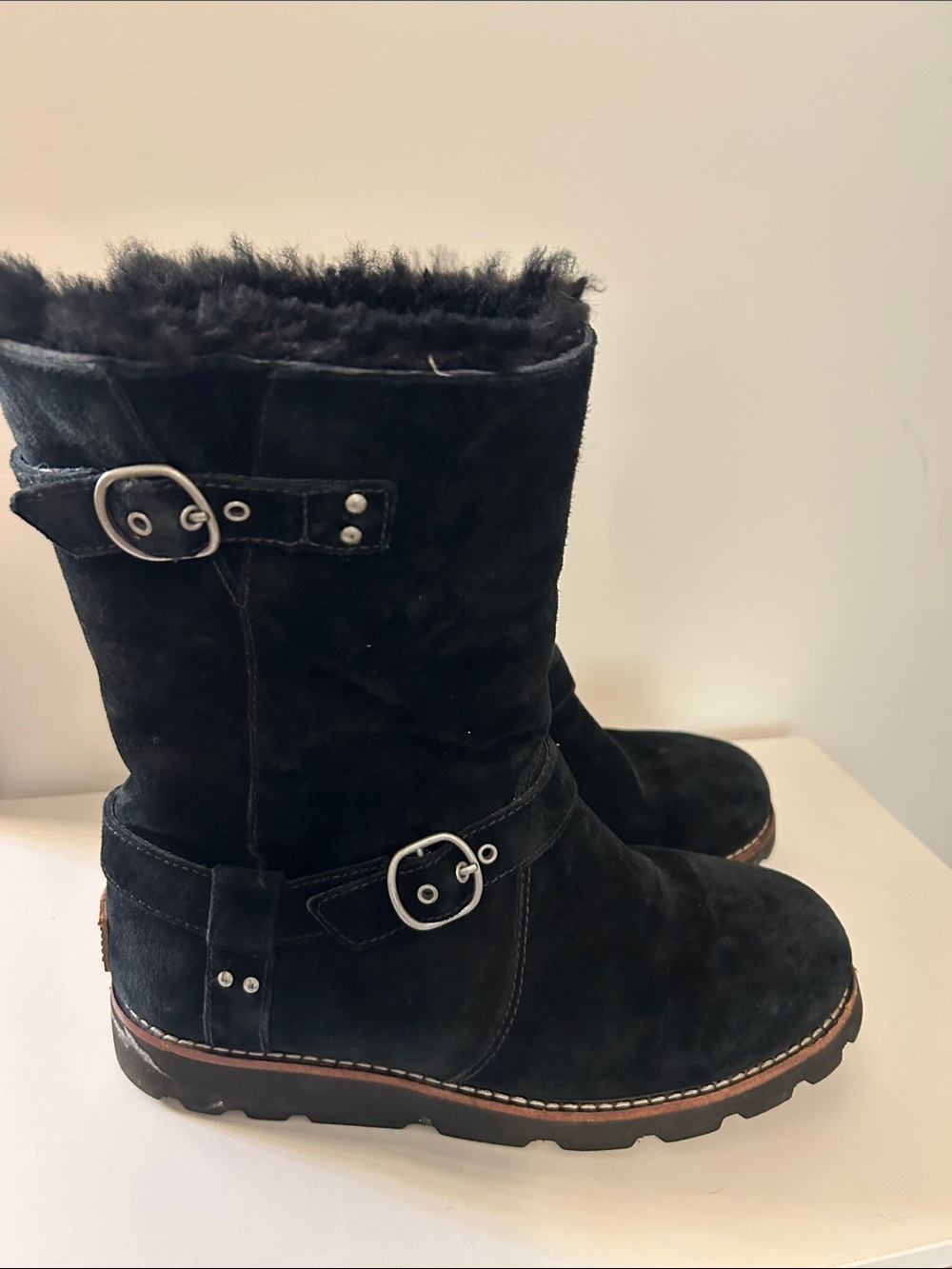 UGG Black Suede Shearling Buckle Mid-Calf Boots